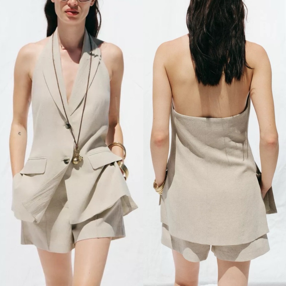 Zara NWT linen halter neck button front beige vest
